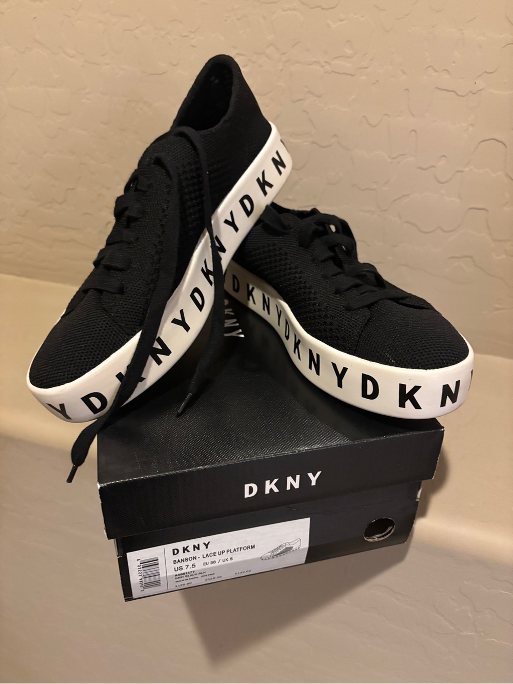 LIKE NEW- DKNY Black Knit Lace-Up Banson Platform Sneakers with White Logo Sole